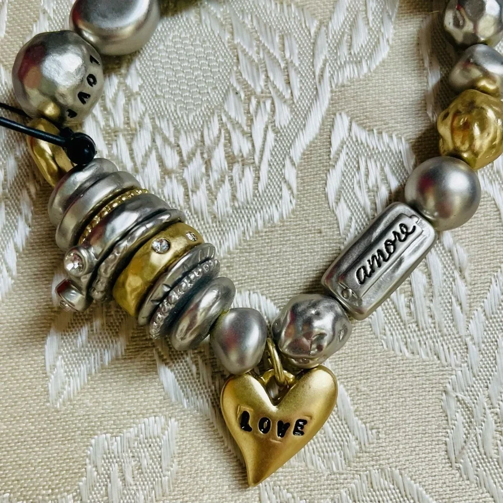 NWT Chico’s Silver Gold Tone Rhinestone Love Theme Mixed Media Stretch Bracelet